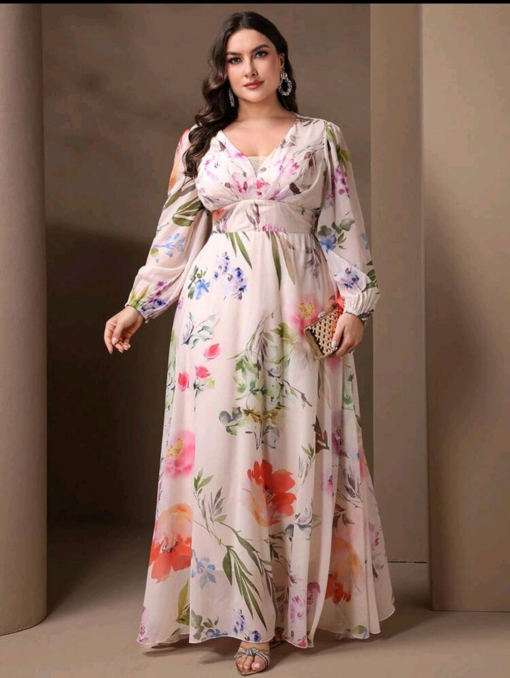 SHEIN Cream Floral V-Neck Long Sleeve Maxi Dress